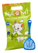 Naomi cat litter packaging with a blue scoop on a white background