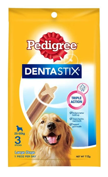Two packages of Pedigree Dentastix dog treats for puppies and large dogs on a white background.