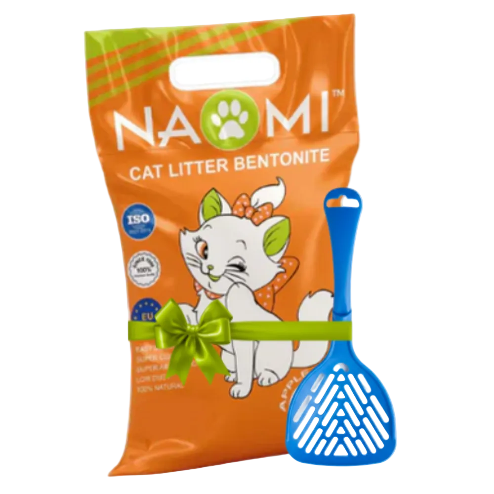 Naomi cat litter packaging with a blue scoop on a white background