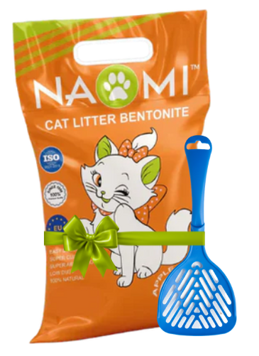 Naomi cat litter packaging with a blue scoop on a white background