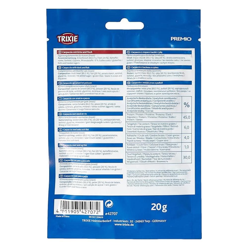 Trikie Premio pet food packaging with blue background and white text