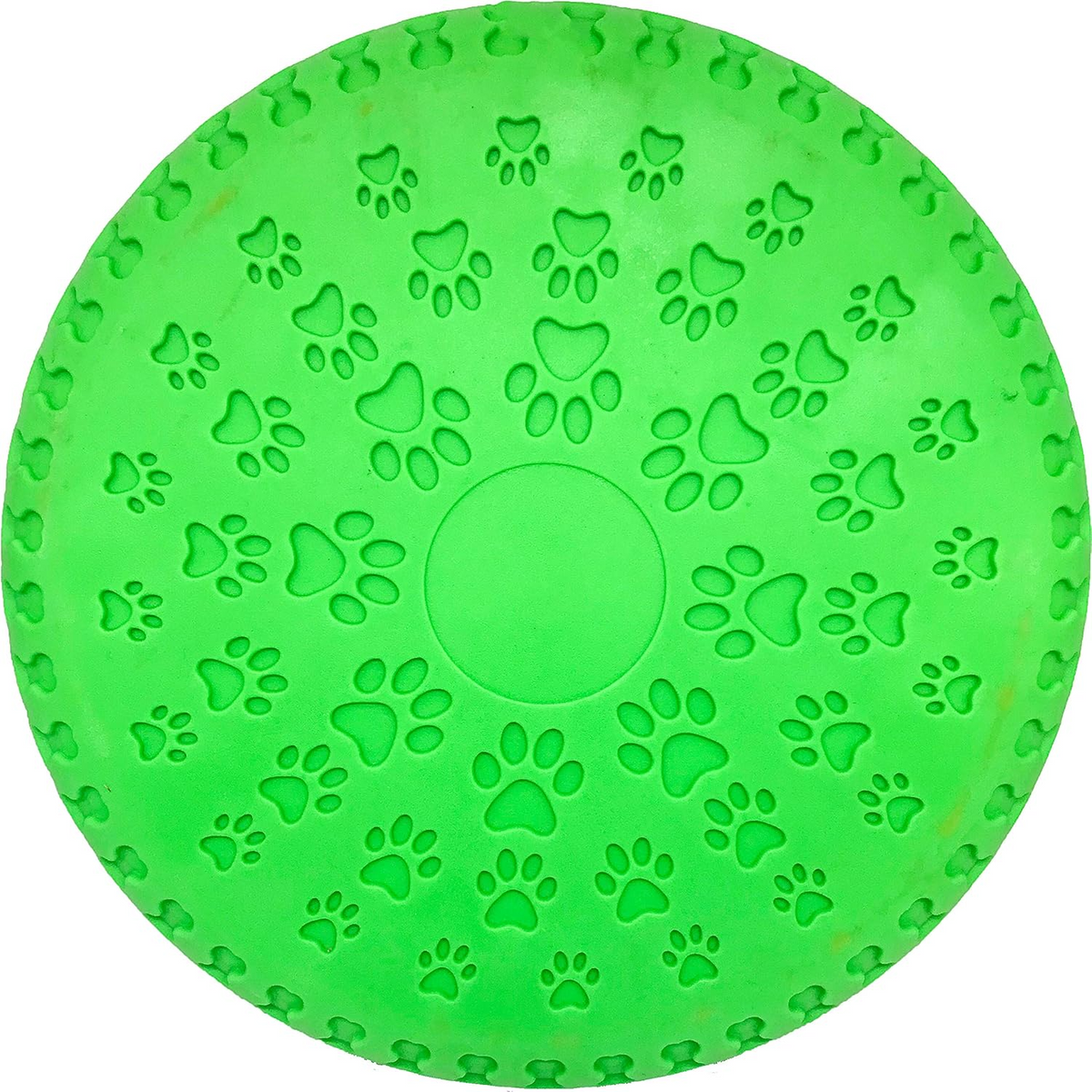 Green dog toy with paw print pattern on a white background