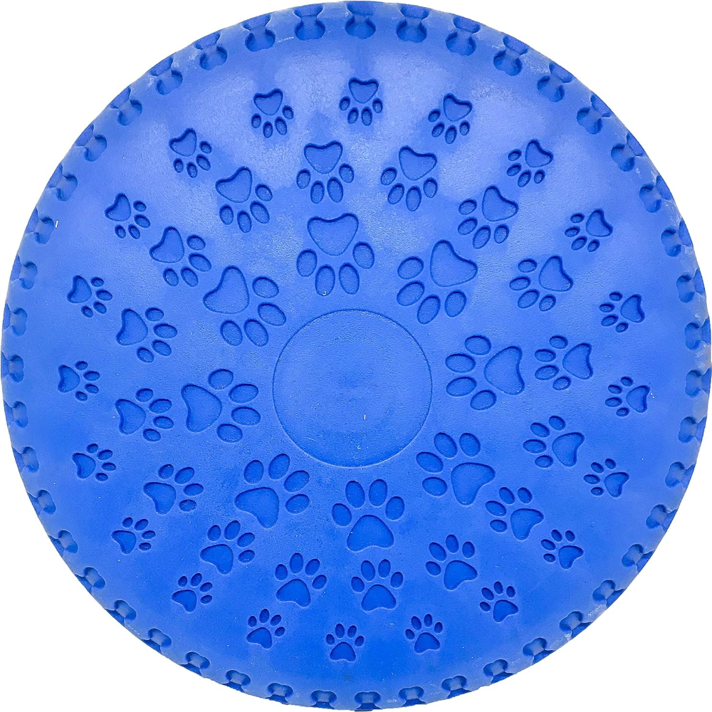 Blue rubber dog frisbee with paw print pattern on a white background