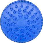 Blue rubber dog frisbee with paw print pattern on a white background