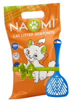 Naomi cat litter packaging with a blue scoop on a white background