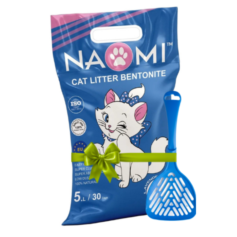 Naomi cat litter packaging with a cartoon cat and scoop on a white background