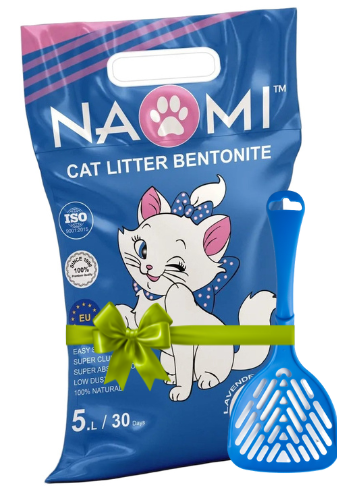 Naomi cat litter packaging with a cartoon cat and scoop on a white background