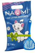 Naomi cat litter packaging with a cartoon cat and scoop on a white background