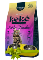 Cat food package with a cat and two bowls, featuring a colorful gradient design.