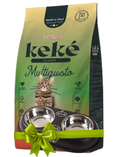 Keké cat food package with two bowls and a green bow on a white background