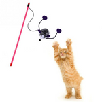 Cat toy with a mouse attachment and a cat reaching for it on a white background