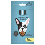 Package of OLA natural Superfood Chews for dogs with a blue background