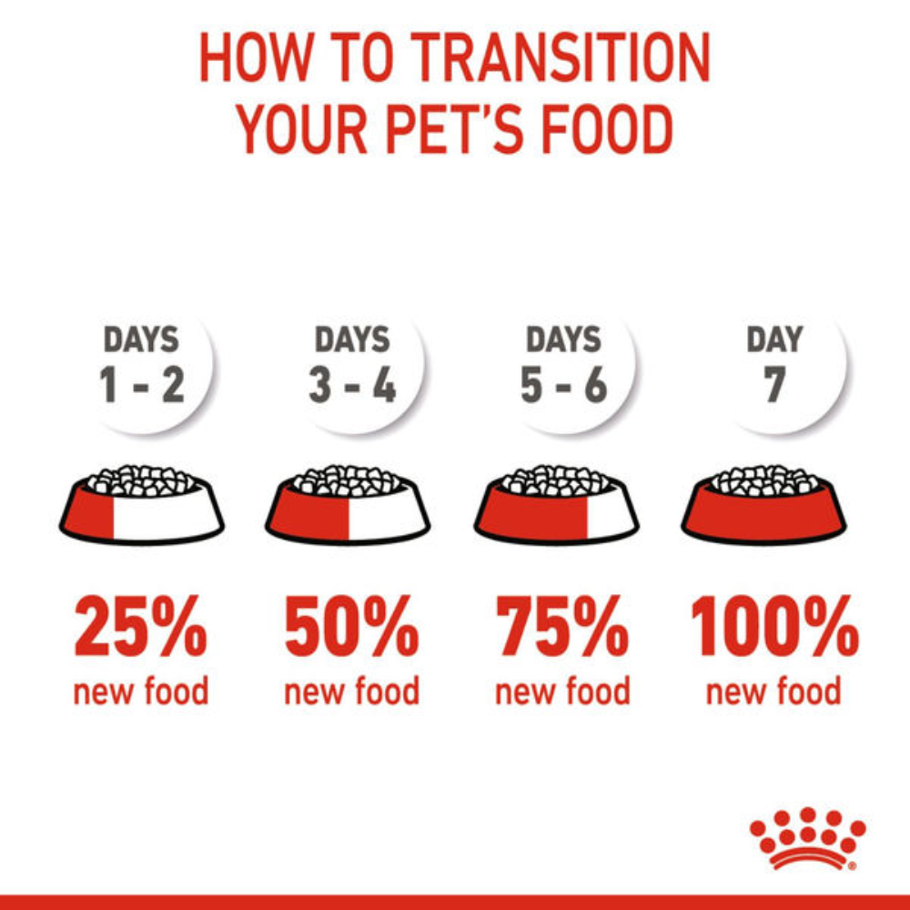Gradual transition chart for pet food with red and white bowls and text on a white background.