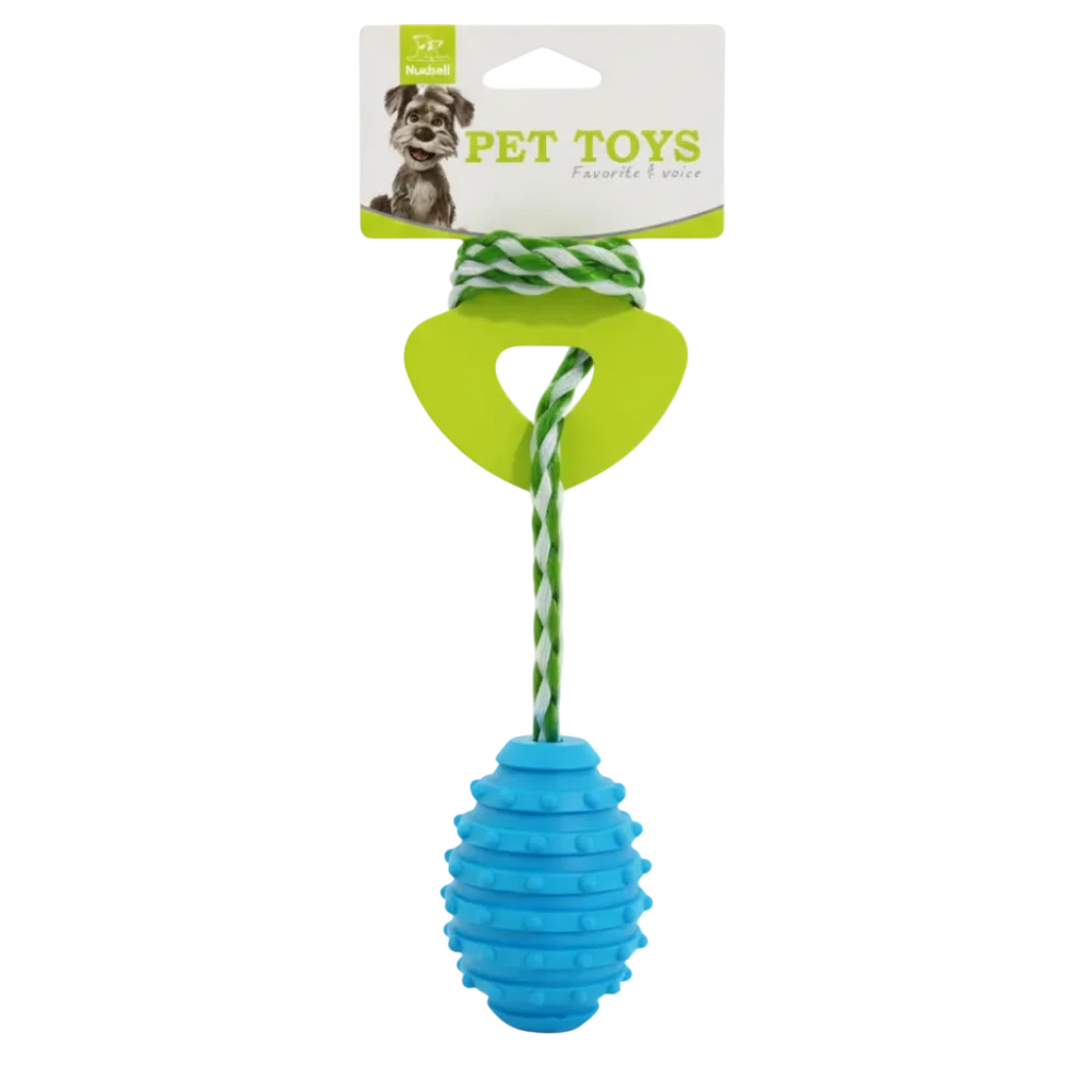 Blue pet toy with a green handle and white packaging on a white background