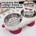 Pet feeding station with two bowls, pink silicone stands, and text highlighting features.