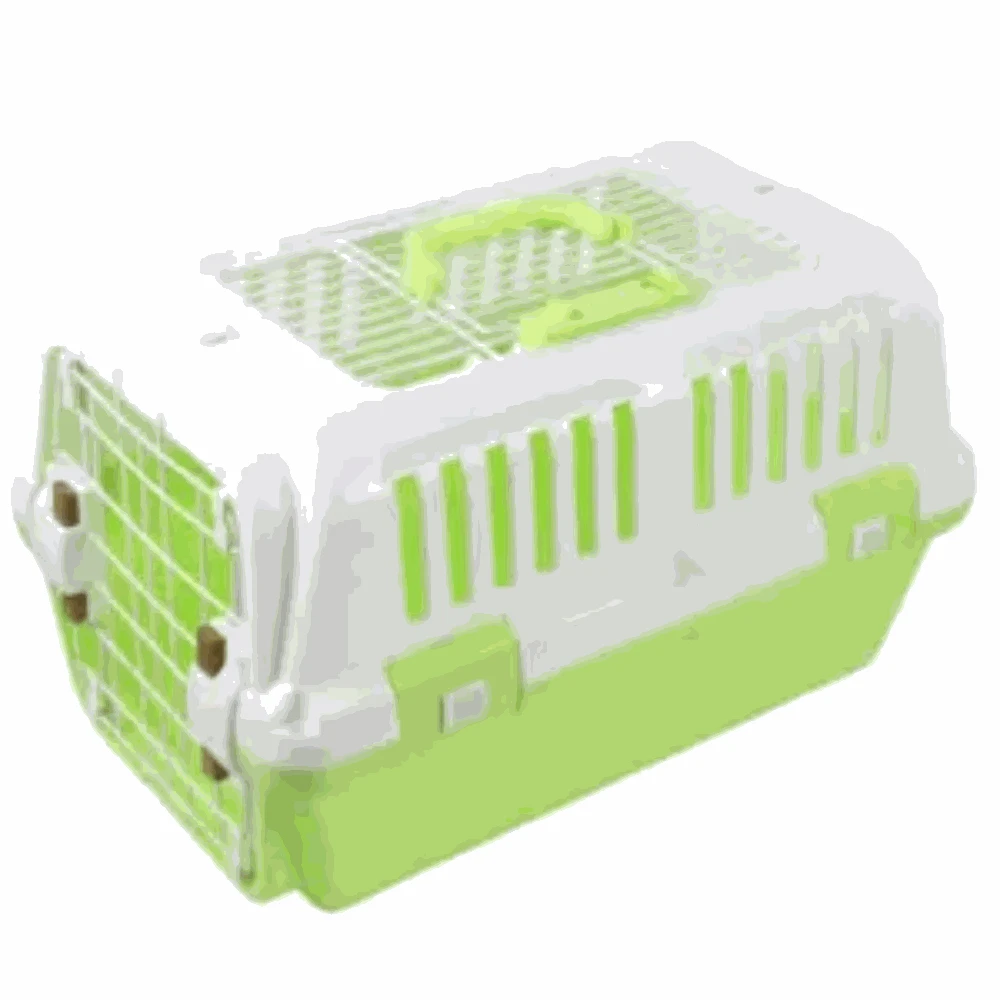 Green and white pet carrier on a white background