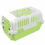 Green and white pet carrier on a white background