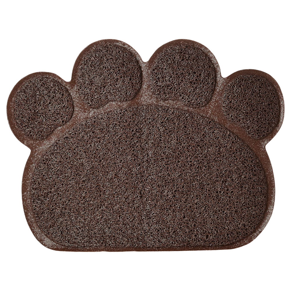 Brown doormat shaped like a paw print on a white background