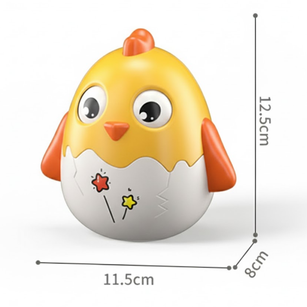 Toy chick in an egg with dimensions on a white background