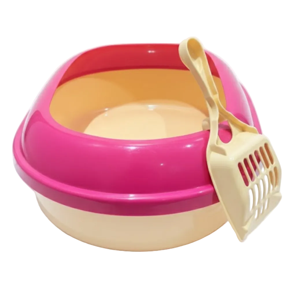 Pink pet litter box with a yellow scoop on a white background