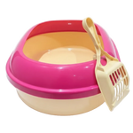 Pink pet litter box with a yellow scoop on a white background