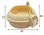 Beige cat litter box with scoop and dimensions on a white background