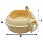 Beige cat litter box with scoop and dimensions on a white background