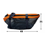 Orange and black mesh bag with dimensions on a white background