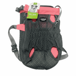 Pet carrier with pink accents and a visible brand tag on a white background