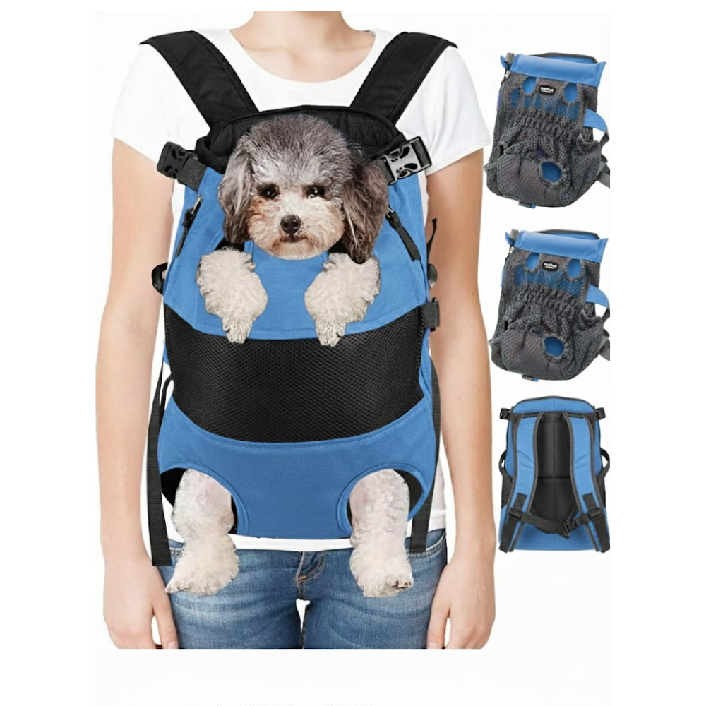 Person carrying a small dog in a blue backpack with additional images of the backpack.