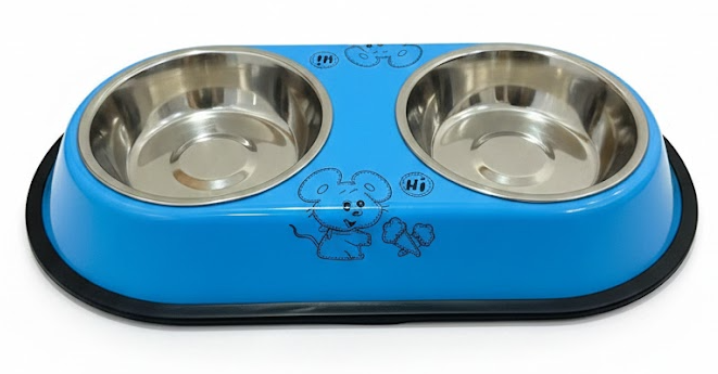 Pet food bowl with blue plastic base and stainless steel bowls on a white background