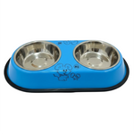 Pet food bowl with blue plastic base and stainless steel bowls on a white background