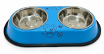 Blue pet feeder with two stainless steel bowls on a white background