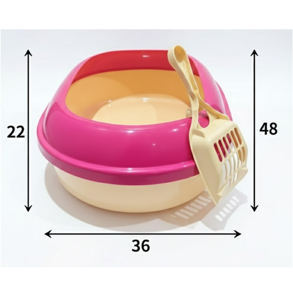 Cat litter box and scoop with dimensions labeled on a white background