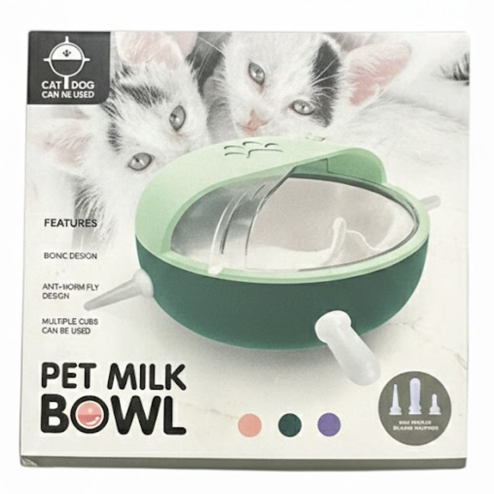 Box of a pet milk bowl with images of cats on a white background