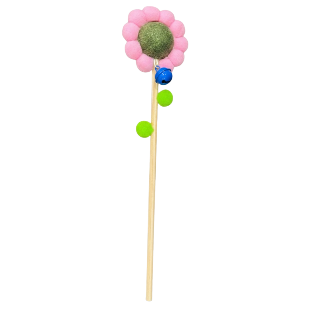 Colorful cat toy with a flower-shaped top on a white background