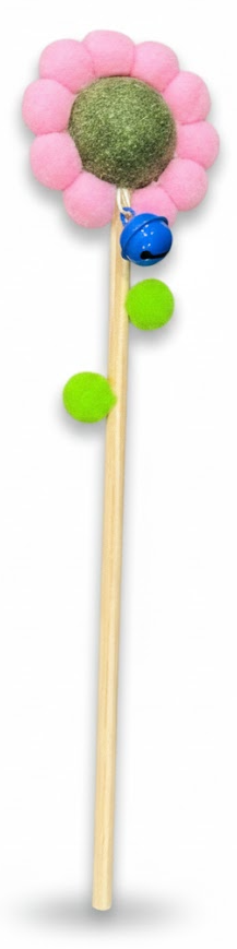 Colorful cat toy with a flower-shaped top on a white background