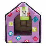 Purple pet bed with colorful patterns and a Nukkel brand tag on a white background