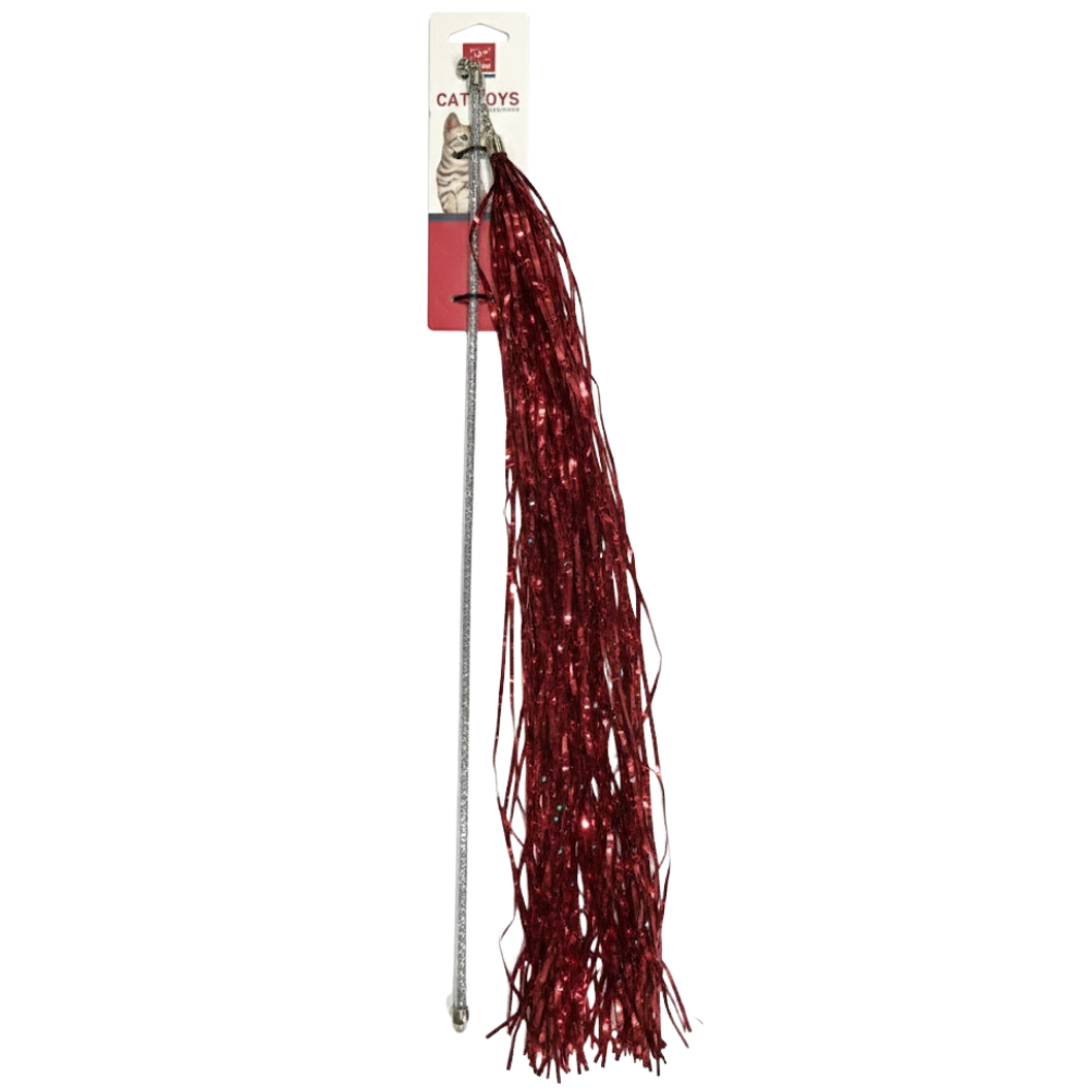 Cat toy with red tinsel on a white background