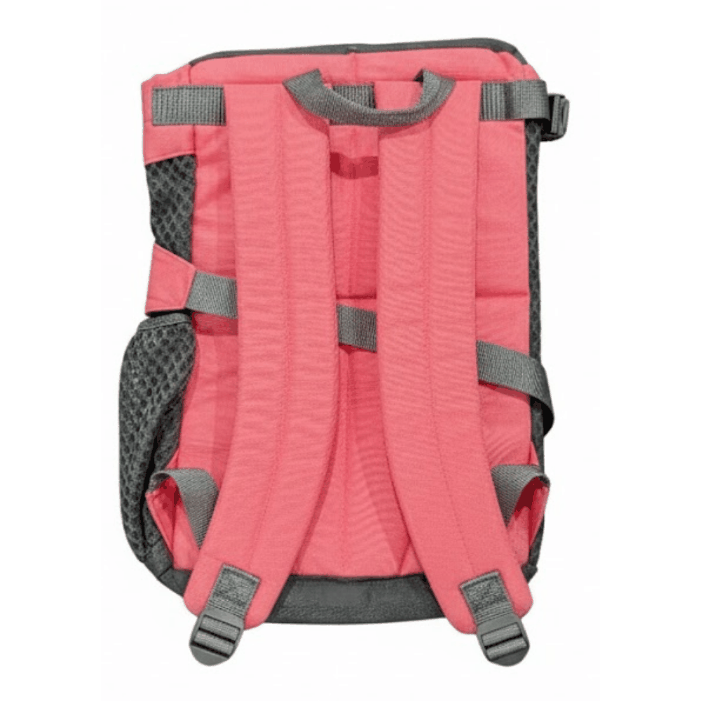 Back view of a pink backpack with gray straps on a white background
