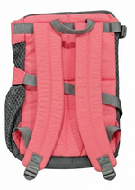 Back view of a pink backpack with gray straps on a white background