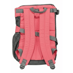 Back view of a pink backpack with gray straps on a white background