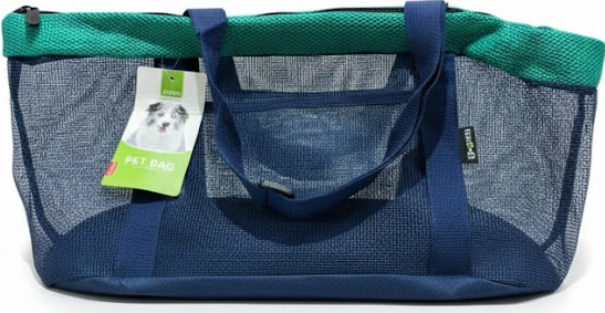 Blue and green pet carrier with a visible brand tag on a white background