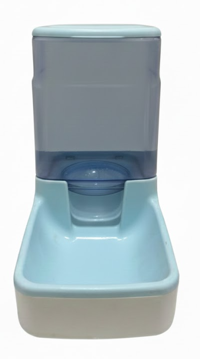 Blue and gray pet feeder on a white background