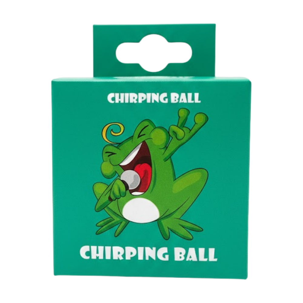 Green packaging of a 'Chirping Ball' with a cartoon frog design on a white background