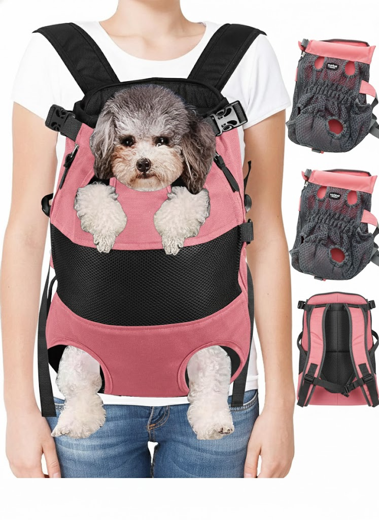 Person carrying a small dog in a pink pet carrier with additional images of the carrier.