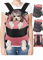 Person carrying a small dog in a pink pet carrier with additional images of the carrier.