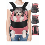 Person carrying a small dog in a pink pet carrier with additional images of the carrier.