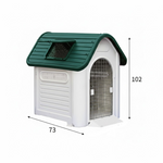 White and green dog house with dimensions on a white background