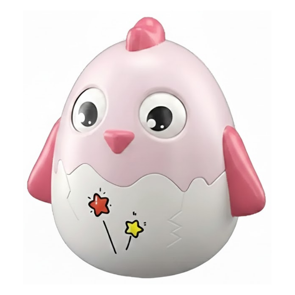 Pink cartoon-like chicken toy on a white background
